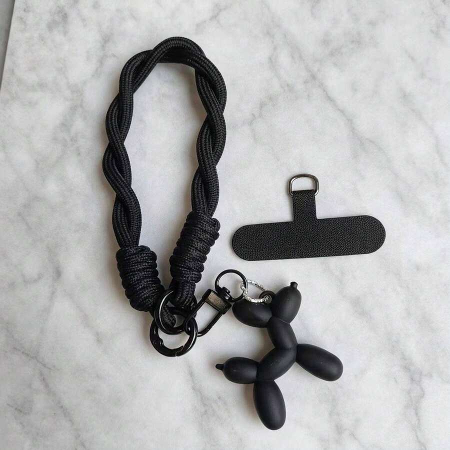 1条黑色小狗毛绒手机挂绳,尼龙短款腕带,6毫米纯色编织防污绳,手提钥匙链 - 黑色 - 查看 1