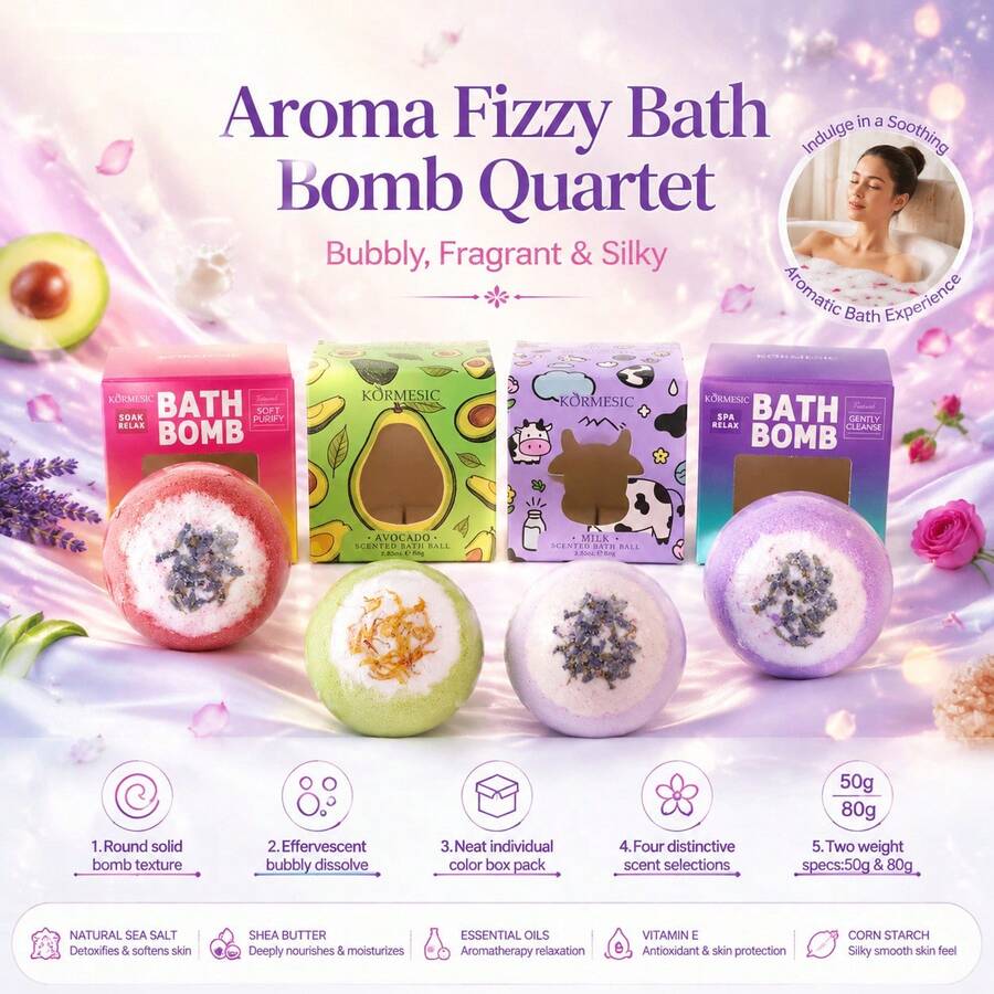 KORMESIC Fragrance Bath Bombs 4 Scent Types Individually Boxed Natural Shea Butter Essential Oil Foaming Home SPA Skincare Bath Gift - Scented Bath Bombs - View 1