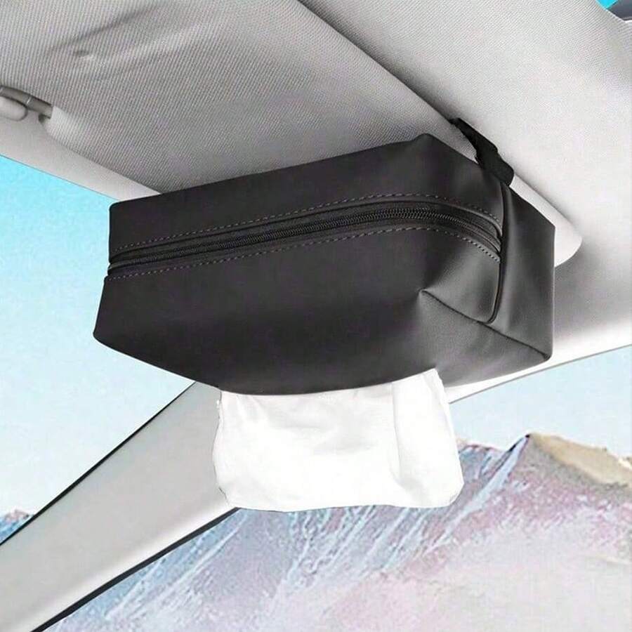 1pc Car Armrest Tissue Box Holder, Hanging Car Sun Visor Tissue Bag, Faux Leather - A - View 1