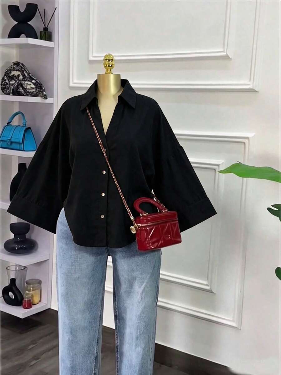 Plus Size Women's Spring/Summer/Autumn Casual Button-Up Shirt, Lightweight Everyday Blouse, Black, Vacation Essential, Loose Fit - Black - View 1