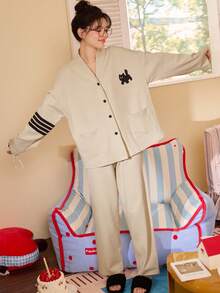 2pcs/Set Women's Pajamas Loungewear Set, New Cardigan Style Cute Cat Print Long Sleeve Cropped Pants, Comfortable For Home Wear - Apricot - View 5