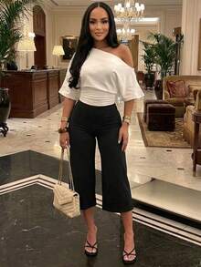 High Waist Wide Leg Capri Pants, Casual Pure Black Loose Capri Pants, Comfortable Slimming Versatile Sports Summer Style - Black - View 7