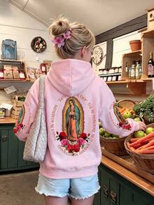 1pc Girls' Hooded Sweatshirt, Back Guadalupe Virgin Mary With Spanish Text And Rose Print, Double Sleeves With Matching Pattern, Vintage Exotic Style - Pink - View 2