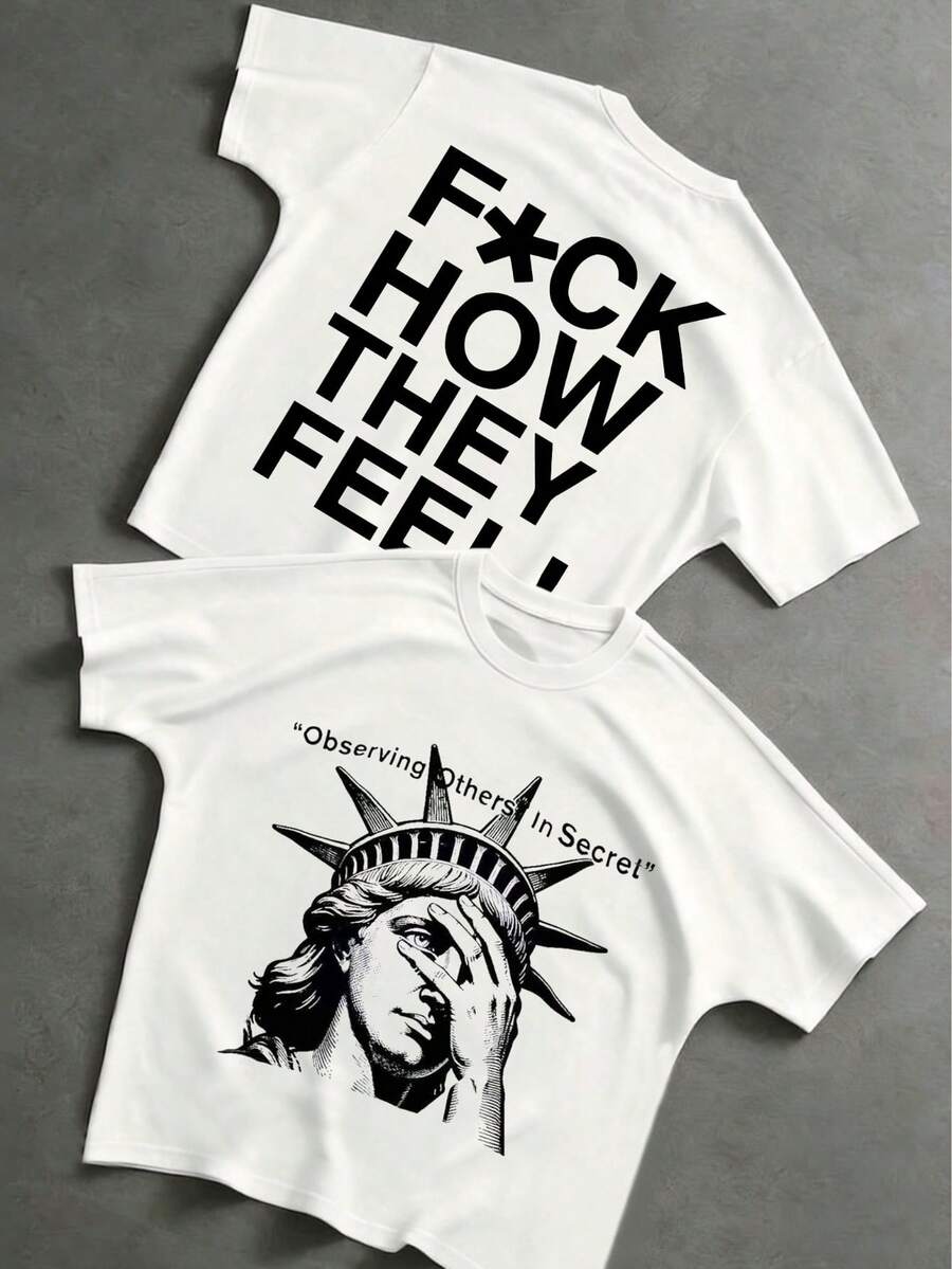 "Observing Others In Secret" Graphic Tee - Featuring A Print Of The Statue Of Liberty Covering Her Eyes.100% Pure Cotton, Y2K-Inspired, Hip-Hop Street - 白色 - 查看 1