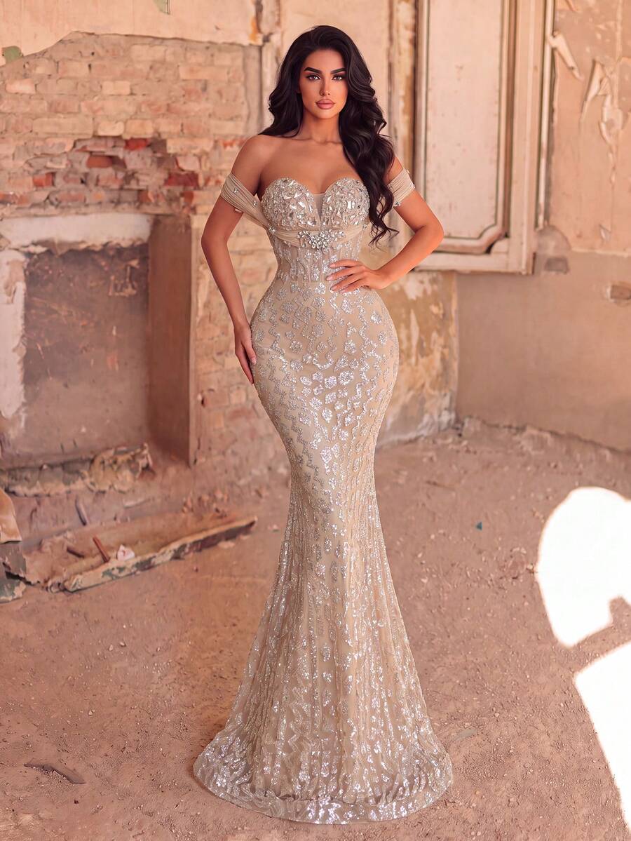 Haute Glamour Women's Luxury Sequin & Beaded Mermaid Evening Gown With Off-Shoulder Ruffles, Figure-Hugging Fit & Fishtail Hem For Weddings