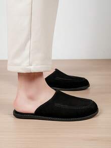 Men's Wide Toe Box Suede Mule Loafers, Half-Slip-On Closed-Toe Vintage Style, Soft Faux Suede Velvet Texture, Low-Key Premium - Black - View 7