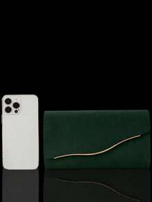 Beige Large Women's Clutch Bag, Evening Bag With Detachable Chain Shoulder Strap, Paired With Sparkling Rhinestone Jewelry Set, Rhinestone Pendant Necklace, Earrings And Bracelet, Suitable For Weddings And Formal Occasions, Made Of Velvet Material - Dark Green - View 7