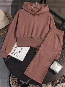 Lurzo Autumn/Winter 2 Pieces Set For Teen GirlBrown Hoodie And Wide Leg Pants, Ribbed Patchwork Casual Sportswear, Y2K, Daily Outdoor/Back To School/Holiday - Brown - View 6