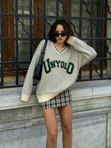 Women's Spring/Autumn Beige Striped V-Neck Letter Print Sweatshirt, Loose Drop Shoulder American College Style Lazy Long Sleeve Pullover Top - Apricot - View 1