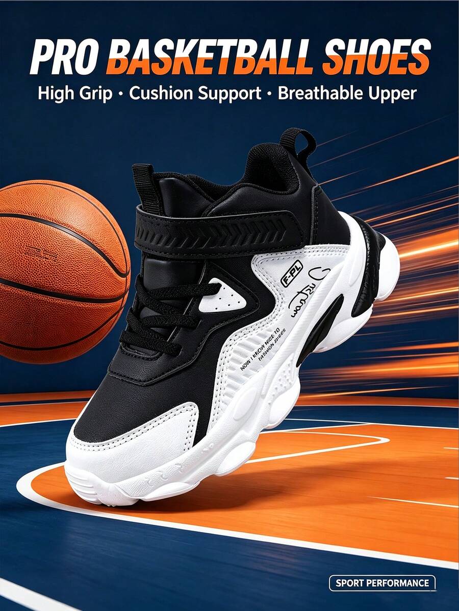 Big Kids - Student New Style - Hook And Loop Closure - Leather Basketball Shoes - Hot Item - Black and White - View 1