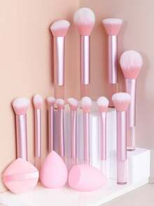 Professional Makeup Brush Set, Includes Aluminum Tube Makeup Brushes + Large Makeup Sponge + Powder Puff, Powder Brush, Foundation Brush, Contour Brush - Baby Pink - View 1