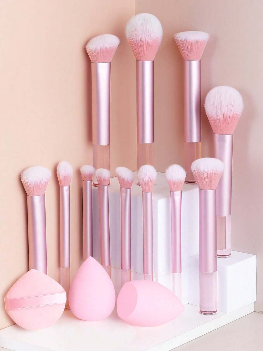 Professional Makeup Brush Set, Includes Aluminum Tube Makeup Brushes + Large Makeup Sponge + Powder Puff, Powder Brush, Foundation Brush, Contour Brush - Baby Pink - View 1