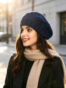 Women Cable Knit Beret Hat, Warm Solid Color Slouchy Beanie, Fall Winter Soft Knitted Cap - Multicolor - View 9