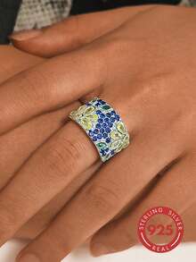 1 pièce Bague fleurie luxueuse en argent sterling S925 avec diamants colorés, entièrement sertie de zircone cubique bicolores, design large, bijou en argent élégant, convient pour un port quotidien, assortiment de styles, peut également être offert en cadeau à la petite amie ou à l'amie. Cadeau floral pour la petite amie ou l'amie. Boîte cadeau - Argent - Voir 7