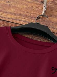 Bow Print Loose Fit Short Sleeve T-Shirt, Spring/Summer Casual - Burgundy - View 5