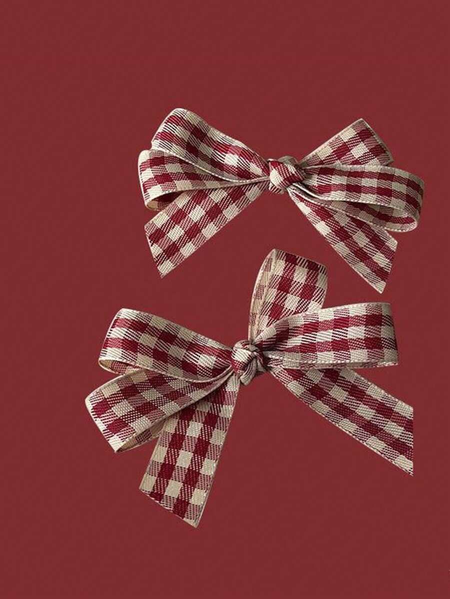 2pcs/4pcs Sweet And Cute Red Plaid Bow Hair Clips - Red - View 1