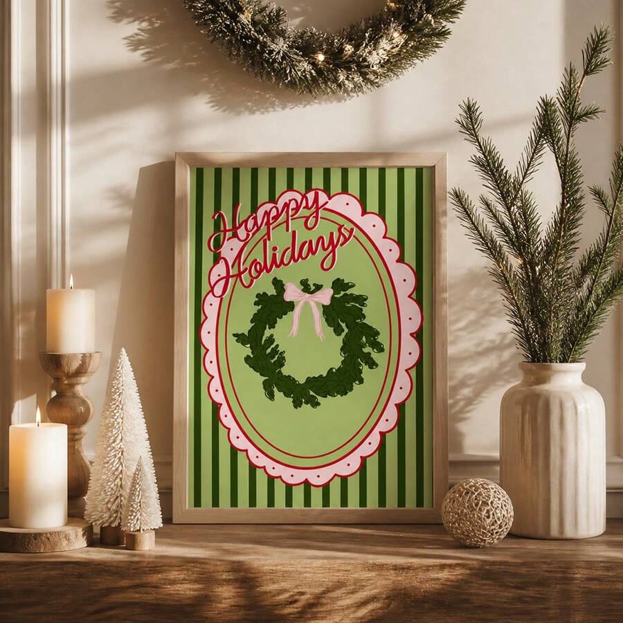 1pc Coquette Pink Bow Christmas Wreath Canvas Wall Art, Happy Holidays Poster Print, Vintage Preppy Green Striped Painting Picture Artwork, Cute Holiday Wall Decor For Girls Bedroom Home Unframed Or Framed/Wooden Hanging - Pattern - View 1