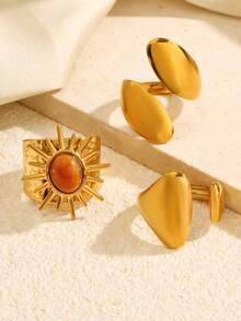 3pcs Stainless Steel Gold Fashionable Vintage Old Money Style Geometric Wide Face Heavy Sun Ring Set Suitable For Women Daily, Holiday, Date Wear - Multicolor - View 3