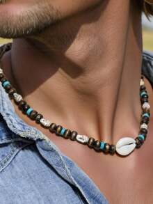 1pc Holiday Wood Shell Beaded Necklace For Men Boho Handmade Surfer Necklace Accessories Jewelry Party Gifts - Multicolor - View 5