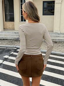 Kaos Lengan Panjang Bergaris Wanita, Atasan Crop Top Rajut Ribbed Leher Perahu, Atasan Kasual untuk Kencan dan Aktivitas Sehari-hari - Cokelat aprikot - View 2