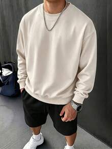 Basic Solid Round Neck Sweatshirt For Men, 240g Pure Cotton, Comfort Long Sleeve Casual Pullover For Street Daily - 杏色3 - 查看 10