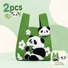 2pcs Cute Panda Handbag With Panda Accessories, Large Capacity Knitted Woven Bag, Versatile Cartoon Tote Bag, New Holiday Gift Bag Souvenir - Multicolor - View 4