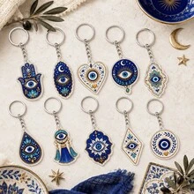 2D Flat, 10pcs Evil Eye Acrylic Keychains, Turkish Amulet, Blue Eye & Hamsa Hand Design Pendant, For Backpack/Bag Key Hook, Lucky Charm Gift, Ideal Gift For Bohemian Style Enthusiasts, Suitable For Home - View 5