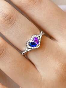This Customized Heart-Shaped Birthstone Ring Features A Double Half-Heart Design, Symbolizing A Deep And Unbreakable Bond, Representing Your Consistent Heartbeat And Walking Together Through The Four Seasons Of Life. - Multicolor - View 8