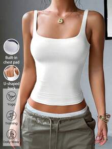 EDGEYOG Women's Solid Color Sleeveless Cropped Sports Tank Top With Built-In Padded Cups, Knitted Camisole For Autumn/Summer Outdoor Fitness, Yoga, Pilates, Jogging, Gym, Back To School - White - View 4