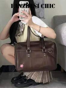 Ins Japanese Academy Style Minimalist Solid Color Cherry Blossom Embroidered Briefcase Large Capacity Can Fit Books Student Handbag Girl Commute Lolita Matching Shoulder Tote Bag - Coffee - View 6