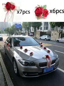 13件大朵玫瑰花（附吸盤）汽車裝飾，適用於婚禮後視鏡裝飾、緞帶禮品、居家婚禮派對走道椅背裝飾 - 13pcs車花 - 查看 15