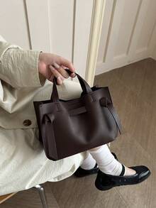 Solid Color Minimalist Lychee Textured Handbag, Crossbody Bag With Strap, Buckle Bucket Bag - Coffee - View 4