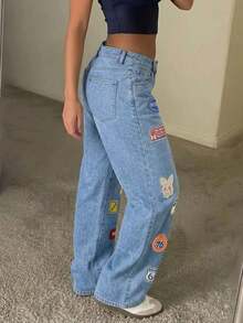 Quần jean denim ống rộng dài phong cách Y2K dáng suông rộng kiểu boyfriend, streetwear thường ngày, màu wash, có túi, dành cho nữ - Rửa nhẹ - Xem 6