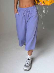 Lavender Elastic Drawstring Wide Leg Culottes, Summer Sporty Casual Y2K Gym Workout Cropped Pants For Running Holiday Streetwear - Purple - View 5