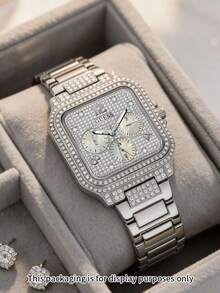 GUESS Luxury GW0472L2 Chronograph Watch, Square Mother-Of-Pearl Subdial Rhinestone Decor Gold Metal Band Women Wristwatch - Gold - View 6