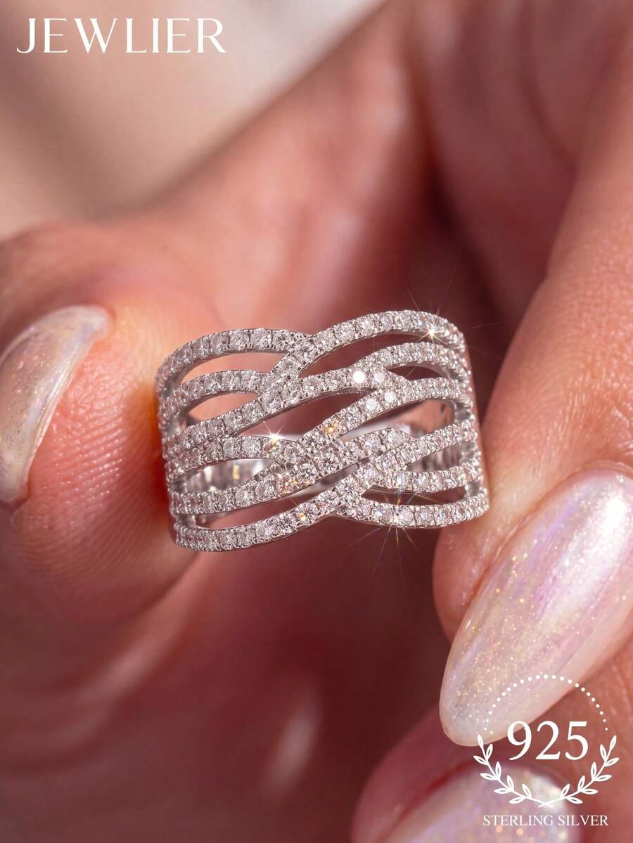 1pc S925 Sterling Silver Interwoven Line Design Ring, Delicate Jewelry Gift For Women