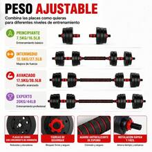 Juego de mancuernas multifuncionales 2 en 1, color rojo, con varios pesos ajustables, ideal para el gimnasio en casa, incluye un juego de mancuernas con barra ajustable - Negro - Ver 5
