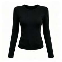Black Regular Shoulder Round Neck Long Sleeve T-Shirt Women's Autumn Innerwear Outerwear Base Layer Slim Fit Basic Style Fashion Commute Outfit Top - Black - View 7