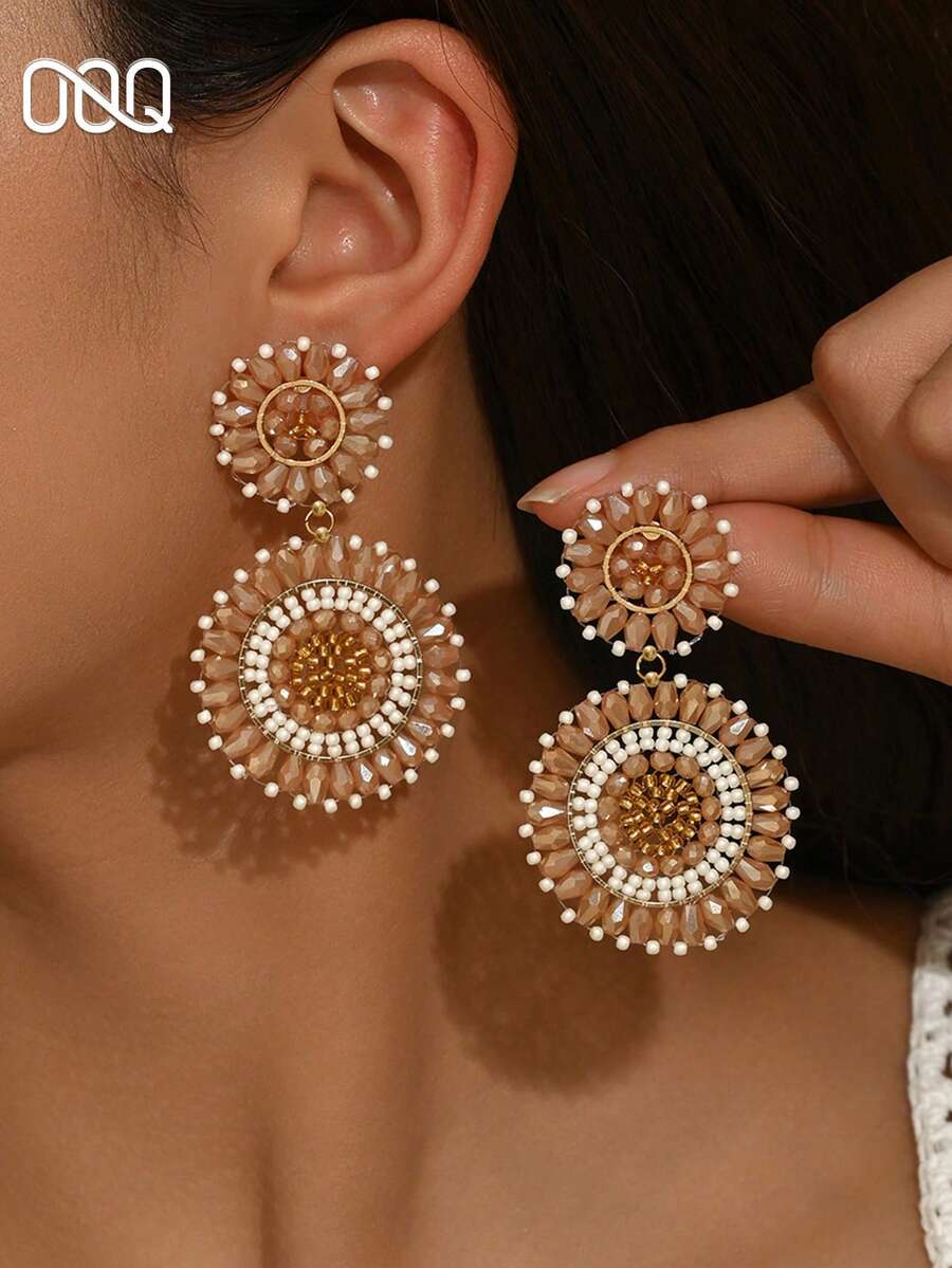 OOQ 1 Pair Summer Bohemian Style Colorful Double Circle Beaded Handmade Earrings, Dopamine Color Holiday Beach Vacation Travel Wear, Versatile Daily Gift For Friends (Handmade Beads Color, Quantity And Position Are Random) - Champagne - View 1