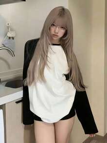 Women's Spring/Autumn New Semester Colorblock Long Sleeve T-Shirt, Casual Loose Slimming Long Crew Neck Top - Black and White - View 3