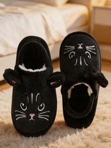 A Pair Of Fashionable And Cute Cartoon Black Cat Embroidered And Decorated Warm Slippers, Suitable For Children To Wear - Black - View 6