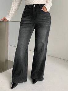 Plus Size Straight Leg Wide Leg Women's Jeans Solid Color Denim Washed Denim Wide Leg Straight Leg Jeans Daily All Season - Black - View 2
