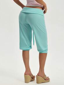 Women Fold Over Waist Capri Joggers,Drawstring Elastic Cuff Cropped Pants,Soft Knit For Summer,Athleisure,Gym,Holiday,Daily Wear - Baby Blue - View 2
