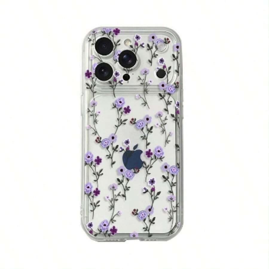 1pc Fashion Creative Full Screen Purple Flower & Leaf Floral Painted Pattern High Transparency Phone Case, Anti-Drop Anti-Scratch Anti-Fingerprint Transparent TPU Soft Shell, Camera Lens Protection Compatible With Apple, Nothing, Pixel, Protective Case - Multicolor - View 1