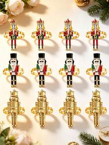 12pcs/6PCS/3PCS Christmas Nutcracker Soldier Napkin Rings, Full Set Of 3 Metal Nutcracker Napkin Buckles, Christmas Table Napkin Ring Decoration Set With Painted Rhinestone Accents, Holiday Party Table Napkin Cloth Ring, Home Decor, Christmas Restaurant Table Setting Decoration, Hotel Tabletop Decoration Supplies - Multicolor - View 2
