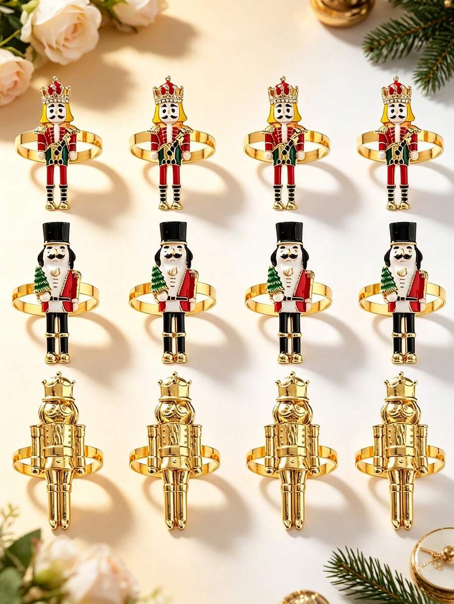 12pcs/6PCS/3PCS Christmas Nutcracker Soldier Napkin Rings, Full Set Of 3 Metal Nutcracker Napkin Buckles, Christmas Table Napkin Ring Decoration Set With Painted Rhinestone Accents, Holiday Party Table Napkin Cloth Ring, Home Decor, Christmas Restaurant Table Setting Decoration, Hotel Tabletop Decoration Supplies