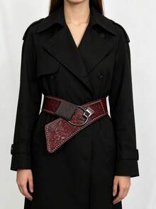 1pc Women's Rivet Elastic Waist Belt, Red Semi-Circular Single Buckle Casual Minimalist Set Decorative Leather Belt, Suitable For Daily Wear, Suitable For Summer, School, Autumn And Halloween. - Multicolor - View 3