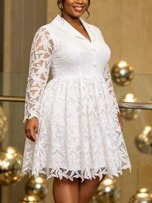 Plus Size White Hollow Floral Lace A Line Dress Lapel Collar Long Sleeve Button Accent Elegant Formal Church Wedding Guest Fall Outfit For Women - White - View 4