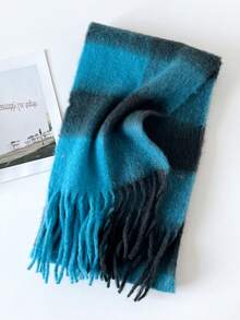 1PcWomen Fuzzy Mohair Texture Plaid Fringe Scarf, Oversized Color Block Check Winter Warm Neck Wrap Shawl - Blue-black - View 7