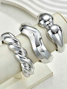 3pcs Vintage Elegant Versatile Women's Casual Bracelet Set Suitable For Daily Layering - Silver - View 3